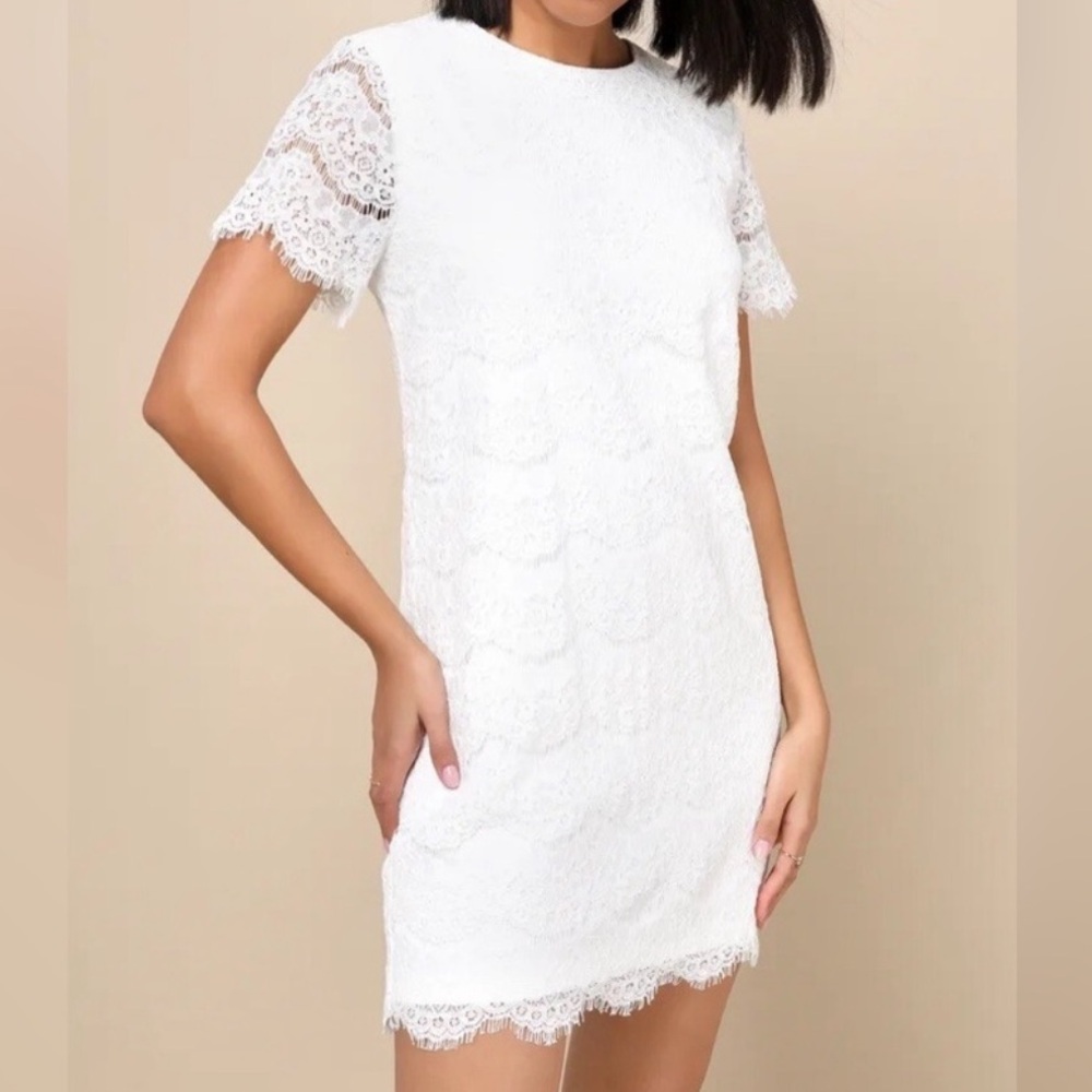 Lulus White Floral Lace Short Sleeve Mini Shift Dress Size Small Bridal